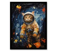 Artery8 Wall Art Print Ground Control To Ginger Tom Artwork Fun Space Cat Oil Painting Art Framed in Black | Size: W12" x H16" Artery8 Black W12" x H16"