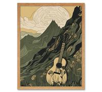 Artery8 Wall Art Print Guitar on Mountain Landscape Morning at Campsite Art Framed in Light Oak | Size: W12" x H16" Artery8 Light Oak W12" x H16"