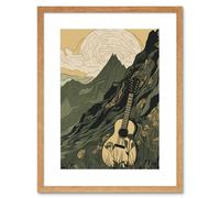 Artery8 Wall Art Print Guitar on Mountain Landscape Morning at Campsite Artwork Framed 9X7 Inch in Beige | Size: W7" x H9" Artery8 Beige W7" x H9"