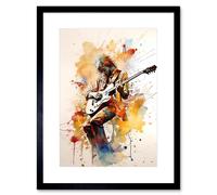 Artery8 Wall Art Print Guitarist Musician Playing Solo on Electric Guitar Modern Watercolour Artwork Framed 9X7 Inch in Black | Size: W7" x H9" Artery8 Black W7" x H9"