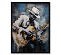 Wall Art Print Guitarist Playing Acoustic Blues Acrylic Painting Gold Blue Drip Paint Guitar Music Musician Portrait Art Framed Artery8 Blue A4