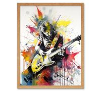 Artery8 Wall Art Print Guitarist Playing Electric Guitar Music Solo Vibrant Modern Splat Paint Watercolour Art Framed in Light Oak | Size: W12" x H16" Artery8 Light Oak W12" x H16"
