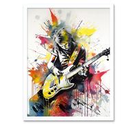 Artery8 Wall Art Print Guitarist Playing Electric Guitar Music Solo Vibrant Modern Splat Paint Watercolour Art Framed in White | Size: W12" x H16" Artery8 White W12" x H16"