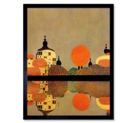 Artery8 Wall Art Print Gustav Klimt Style Autumn Lakeside Town Church Reflection Art Framed in Black | Size: W12" x H16" Artery8 Black W12" x H16"