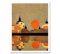 Artery8 Wall Art Print Gustav Klimt Style Autumn Lakeside Town Church Reflection Art Framed in White | Size: W12" x H16" Artery8 White W12" x H16"