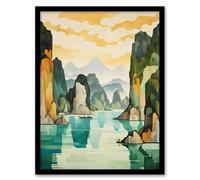 Artery8 Wall Art Print Ha Long Bay Watercolour Painting Vietnam Limestone Islands In Emerald Waters Pastel Colour Seascape Art Framed Artery8 Black W12" x H16"