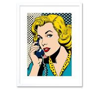 Artery8 Wall Art Print Halftone Hello Comic Book Style 1950s Woman Telephone Bright Polka Dot Pattern Artwork Framed 9X7 Inch | Size: W7" x H9" Artery8 White W7" x H9"