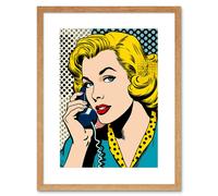 Artery8 Wall Art Print Halftone Hello Comic Book Style 1950s Woman Telephone Bright Polka Dot Pattern Artwork Framed 9X7 Inch | Size: W7" x H9" Artery8 Beige W7" x H9"