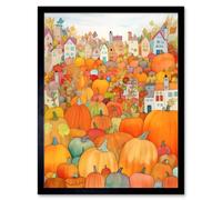 Artery8 Wall Art Print Halloween Pumpkin Festival Autumn Harvest Modern Folk Art Watercolour Painting Art Framed in Black | Size: W12" x H16" Artery8 Black W12" x H16"
