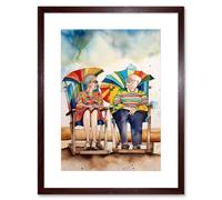 Artery8 Wall Art Print Happy Elderly Couple On Summer Beach Chairs Watercolour Painting Artwork Framed 9X7 Inch in Brown | Size: W7" x H9" Artery8 Brown W7" x H9"