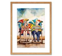 Artery8 Wall Art Print Happy Elderly Couple On Summer Beach Chairs Watercolour Painting Artwork Framed 9X7 Inch in Beige | Size: W7" x H9" Artery8 Beige W7" x H9"