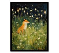 Artery8 Wall Art Print Happy Fox in White Flower Meadow at Night Orange Green Framed Art | Size: W12" x H16" Artery8 Multicolor W12" x H16"