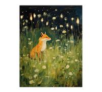 Artery8 Wall Art Print Happy Fox in White Flower Meadow at Night Orange Green Poster | Size: W18" x H24" Artery8 Multicolor W18" x H24"