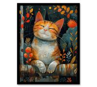 Artery8 Happy Ginger Tabby in Nature Cat Lover Painting For Living Room Artwork Framed Wall Art Print A4