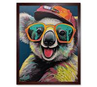 Artery8 Wall Art Print Happy Koala Bear Sunglasses & Hat Modern Pop Art Framed in Brown | Size: W12" x H16" Artery8 Brown W12" x H16"