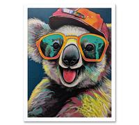 Artery8 Wall Art Print Happy Koala Bear Sunglasses & Hat Modern Pop Art Framed in White | Size: W12" x H16" Artery8 White W12" x H16"