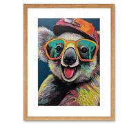 Artery8 Wall Art Print Happy Koala Bear Sunglasses & Hat Modern Pop Artwork Framed 9X7 Inch in Beige | Size: W7" x H9" Artery8 Beige W7" x H9"