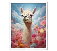 Artery8 Wall Art Print Happy Llama Peeking Head Over Pink Flowers Bright Colourful Artwork Kids Bedroom Dreamy Spring Meadow Art Framed Artery8 White W12" x H16"