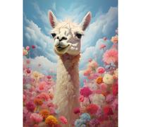 Artery8 Wall Art Print Happy Llama Peeking Head Over Pink Flowers Bright Colourful Artwork Kids Bedroom Dreamy Spring Meadow Poster Artery8 Blue W12" x H16"