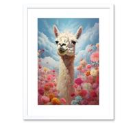 Artery8 Wall Art Print Happy Llama Peeking Head Over Pink Flowers Bright Colourful Artwork Kids Bedroom Dreamy Spring Meadow Artwork Framed 9X7 Inch Artery8 White W7" x H9"
