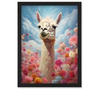 Wall Art Print Happy Llama Peeking Head Over Pink Flowers Bright Colourful Artwork Kids Bedroom Dreamy Spring Meadow Artwork Framed A4 Artery8 Black A4
