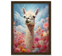 Wall Art Print Happy Llama Peeking Head Over Pink Flowers Bright Colourful Artwork Kids Bedroom Dreamy Spring Meadow Artwork Framed A4 Artery8 Brown A4