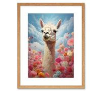 Artery8 Wall Art Print Happy Llama Peeking Head Over Pink Flowers Bright Colourful Artwork Kids Bedroom Dreamy Spring Meadow Artwork Framed 9X7 Inch Artery8 Beige W7" x H9"