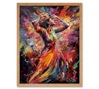 Artery8 Wall Art Print Happy Woman Dancing to Music Modern Vibrant Colour Art Framed in Light Oak | Size: W12" x H16" Artery8 Light Oak W12" x H16"