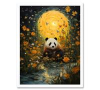 Artery8 Wall Art Print Harvest Moon Panda Landscape Oil Painting Panda Bear in a Wildflower Meadow with Flowing Stream Kids Bedroom Art Framed Artery8 White W12" x H16"
