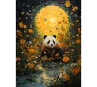 Artery8 Wall Art Print Harvest Moon Panda Landscape Oil Painting Panda Bear in a Wildflower Meadow with Flowing Stream Kids Bedroom Poster Artery8 Yellow W12" x H16"