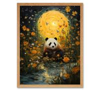 Artery8 Wall Art Print Harvest Moon Panda Landscape Oil Painting Panda Bear in a Wildflower Meadow with Flowing Stream Kids Bedroom Art Framed Artery8 Light Oak W12" x H16"