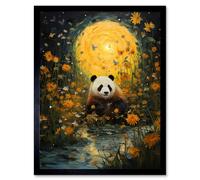 Artery8 Wall Art Print Harvest Moon Panda Landscape Oil Painting Panda Bear in a Wildflower Meadow with Flowing Stream Kids Bedroom Art Framed Artery8 Black W12" x H16"