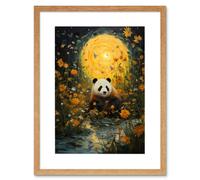 Artery8 Wall Art Print Harvest Moon Panda Landscape Oil Painting Panda Bear in a Wildflower Meadow w/ Flowing Stream Kids Bedroom Artwork Framed 9X7 Artery8 Beige W7" x H9"