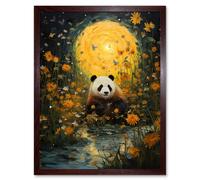 Artery8 Wall Art Print Harvest Moon Panda Landscape Oil Painting Panda Bear in a Wildflower Meadow with Flowing Stream Kids Bedroom Art Framed Artery8 Brown W12" x H16"