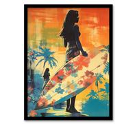 Artery8 Hawaiian Surf Print Retro Palm Tree Floral In Blue And Orange Vibrant Bold Bright Colourful Painting Artwork Framed Wall Art Print A4