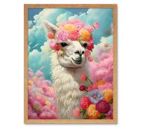 Artery8 Wall Art Print Head in the Clouds Conceptual Artwork Fabulous Carefree Llama with Rose Flower Headband Kids Room Art Framed Artery8 Light Oak W12" x H16"