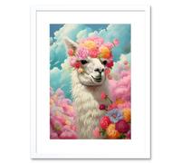 Artery8 Wall Art Print Head in the Clouds Conceptual Artwork Fabulous Carefree Llama with Rose Flower Headband Kids Room Artwork Framed 9X7 Inch Artery8 White W7" x H9"