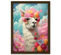 Artery8 Wall Art Print Head in the Clouds Conceptual Artwork Fabulous Carefree Llama with Rose Flower Headband Kids Room Artwork Framed A4 in Brown Artery8 Brown A4