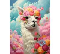 Artery8 Wall Art Print Head in the Clouds Conceptual Artwork Fabulous Carefree Llama with Rose Flower Headband Kids Room Poster | Size: W18" x H24" Artery8 Blue W18" x H24"