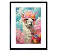 Artery8 Wall Art Print Head in the Clouds Conceptual Artwork Fabulous Carefree Llama with Rose Flower Headband Kids Room Artwork Framed 9X7 Inch Artery8 Black W7" x H9"