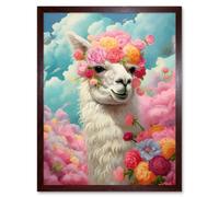 Artery8 Wall Art Print Head in the Clouds Conceptual Artwork Fabulous Carefree Llama with Rose Flower Headband Kids Room Art Framed Artery8 Brown W12" x H16"