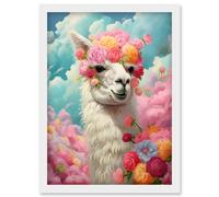 Wall Art Print Head in the Clouds Conceptual Artwork Fabulous Carefree Llama with Rose Flower Headband Kids Room Artwork Framed A4 Artery8 White A4