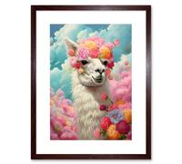Artery8 Wall Art Print Head in the Clouds Conceptual Artwork Fabulous Carefree Llama with Rose Flower Headband Kids Room Artwork Framed 9X7 Inch Artery8 Brown W7" x H9"