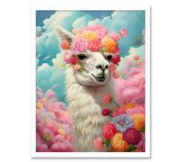 Artery8 Wall Art Print Head in the Clouds Conceptual Artwork Fabulous Carefree Llama with Rose Flower Headband Kids Room Art Framed Artery8 White W12" x H16"