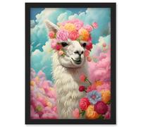 Wall Art Print Head in the Clouds Conceptual Artwork Fabulous Carefree Llama with Rose Flower Headband Kids Room Artwork Framed A4 Artery8 Black A4