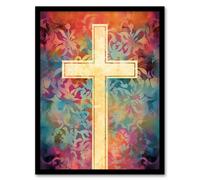 Artery8 Wall Art Print Heavenly Tapestry Blue Orange Purple Flower Patterns & Divine Cross Artwork Framed | Size: A4 Artery8 Multicolor A4