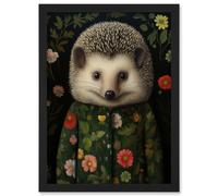 Artery8 Wall Art Print Hedgehog in Hedgerow Floral Jacket Cute Kids Bedroom Artwork Framed A4 in Black Artery8 Black A4
