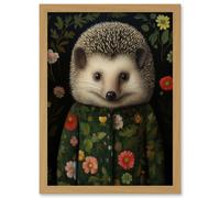 Artery8 Hedgehog in Hedgerow Floral Jacket Cute Kids Bedroom Artwork Framed Wall Art Print A4
