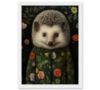 Wall Art Print Hedgehog in Hedgerow Floral Jacket Cute Kids Bedroom Artwork Framed A4 Artery8 White A4