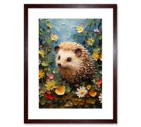 Artery8 Wall Art Print Hedgehog Wildflower Meadow Thick Paint Oil Painting Kids Bedroom Cute Woodland Creature Artwork Framed 9X7 Inch Artery8 Brown W7" x H9"